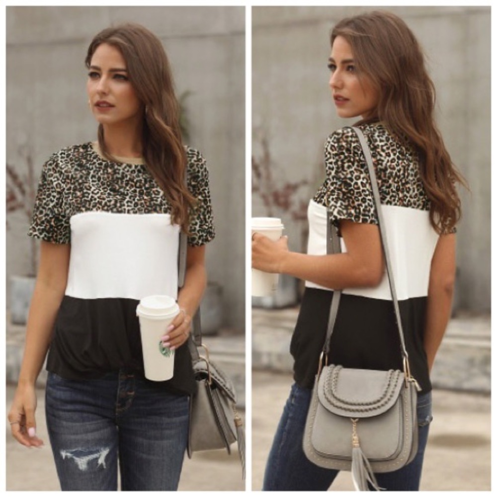Color Block Tee with Leopard Print - NWT